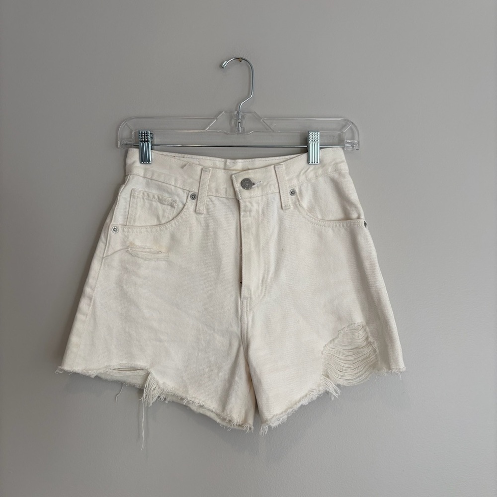 Levi’s High Waisted Cream Distressed Denim Mom Shorts